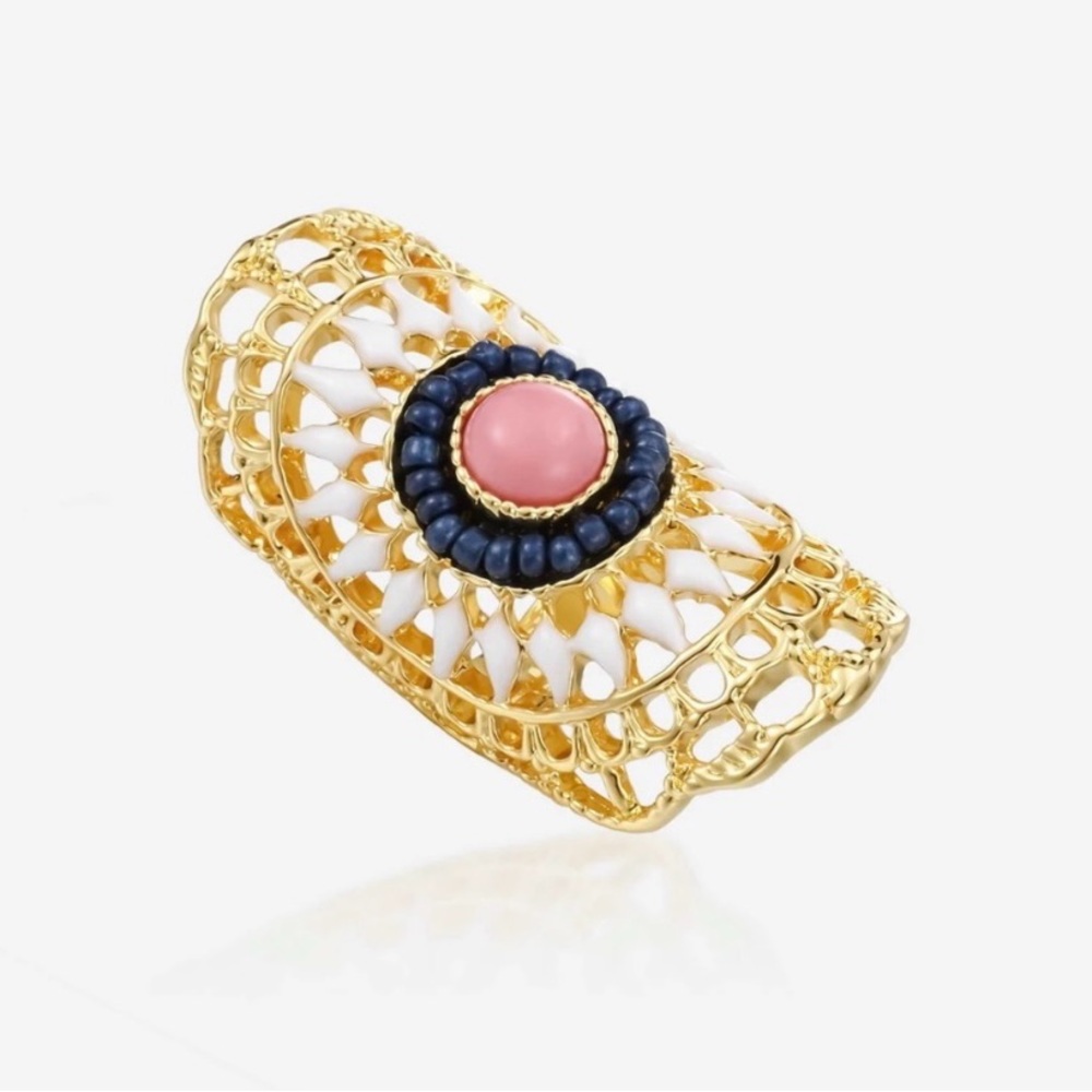 Victoria Emerson Gold Filigree Statement Ring with Pink and Navy Accents